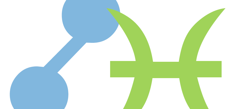 A blue filled-n opposition symbol (resembling a barbell) to represent a Lunar Eclipse next to a green Pisces symbol